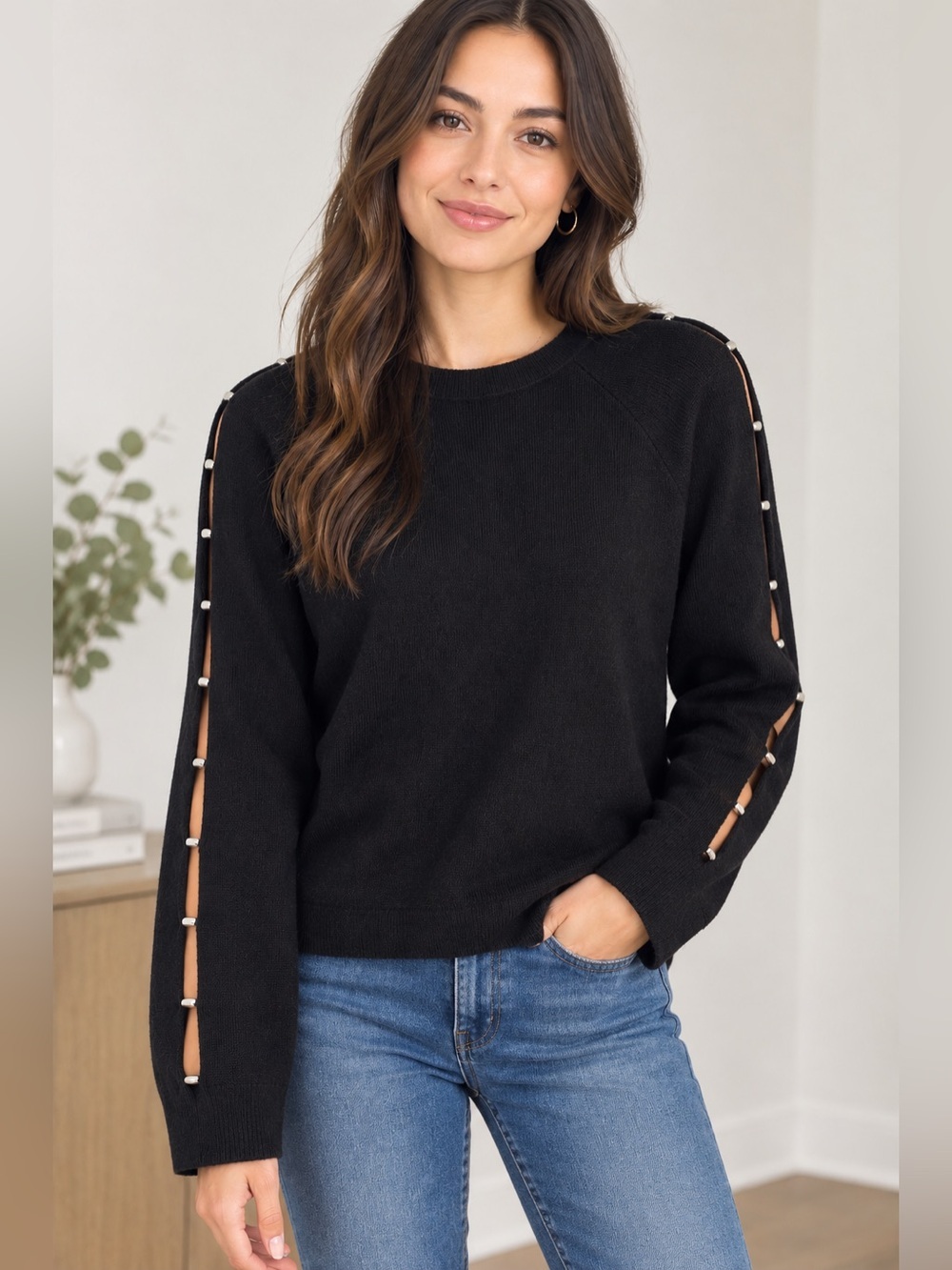 Melanie Lyne Black Crewneck Soft Sweater with Shoulder Stud Cutout